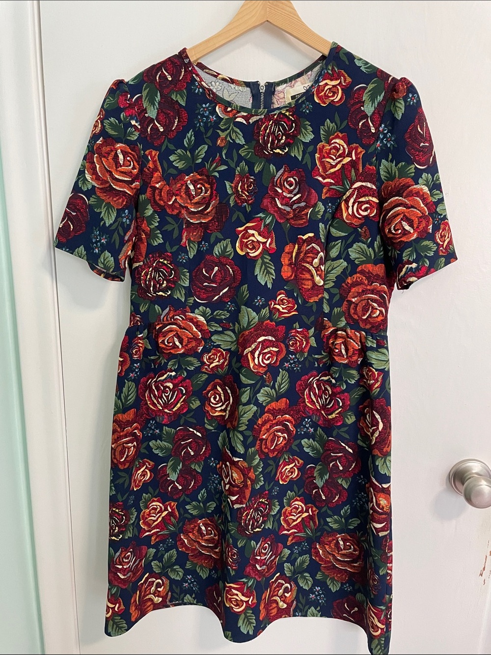 Paper Plane London Navy Floral Dress with Red Rose Print